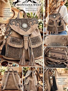Montana West Western Floral Tooled Backpack Brown Rhinestones & Studs